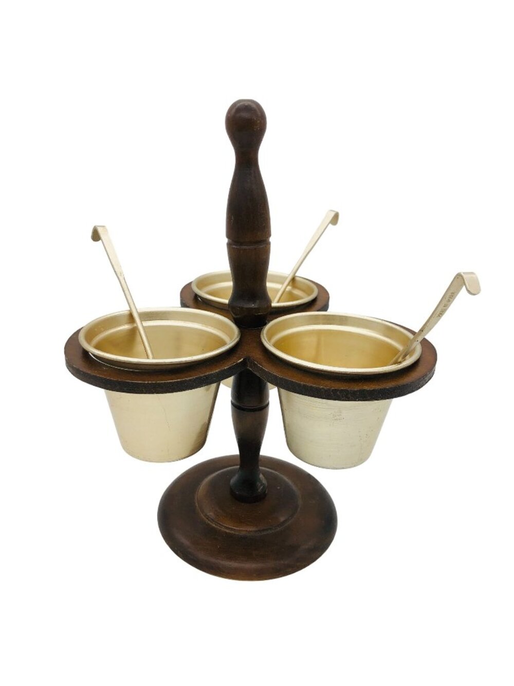 Vtg Enesco Japan MCM Wood Condiment Caddy w/ 3 Metal Cups Spoons Farmcore
